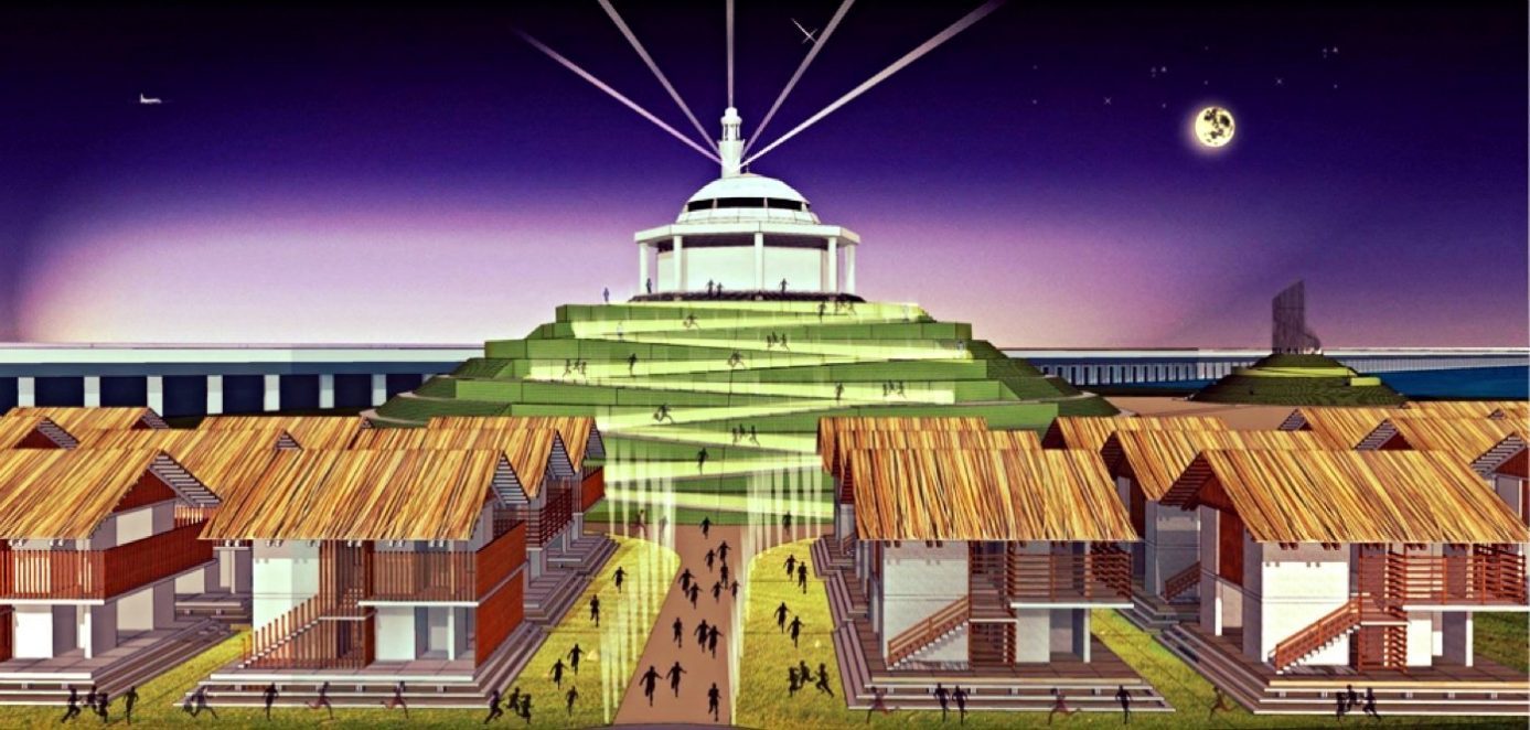 Image of a rendering of a mosque on top of a hill with lights that shine the path to the top and people running towards the mosque