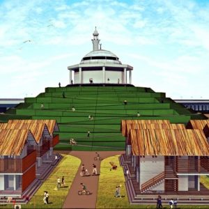 Image of a rendering of a mosque on top of a hill and people below it near houses doing daily activities