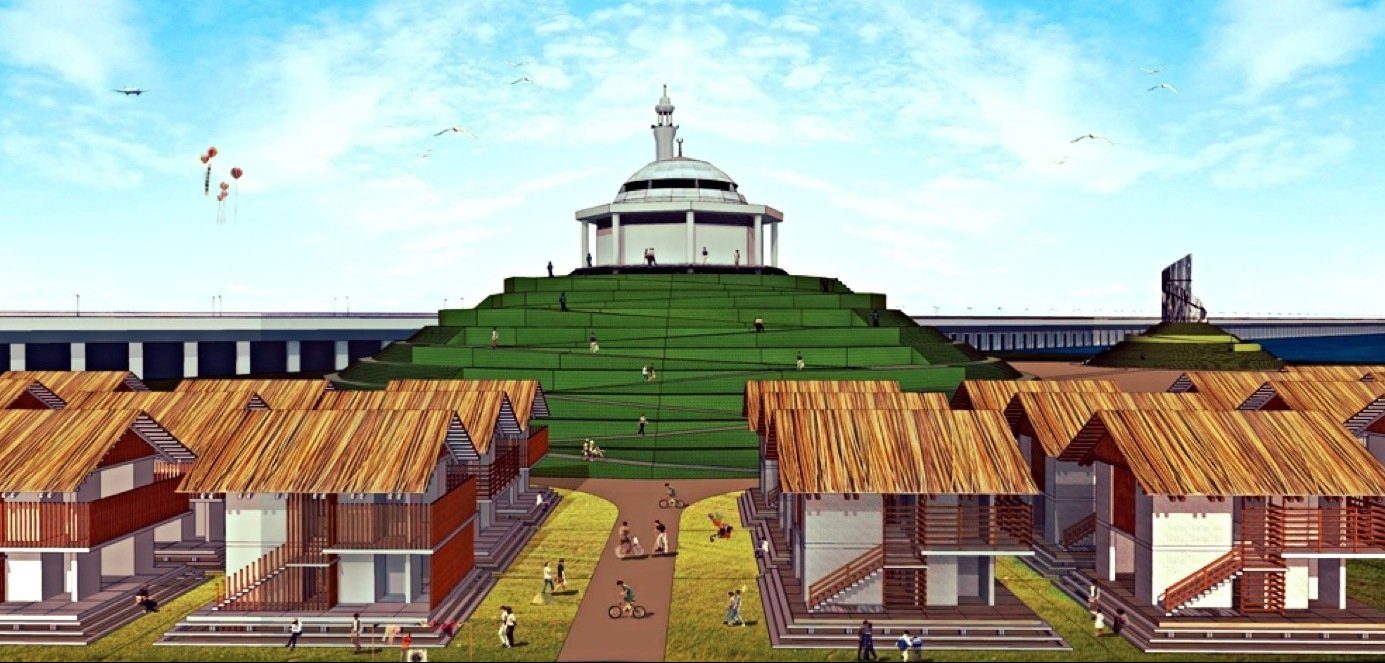 Image of a rendering of a mosque on top of a hill and people below it near houses doing daily activities