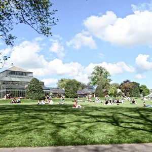 Image of a group of people sitting infront of a large beautiful glass building in a park