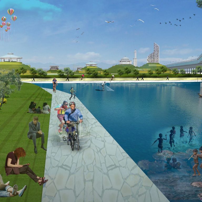 Image of a perspective rendering of an urban park and people doing sports