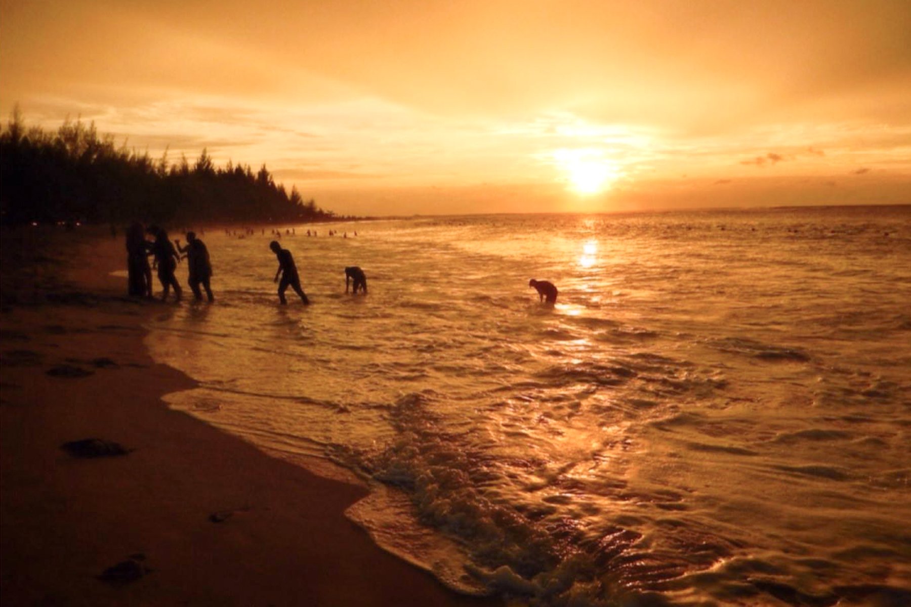 Image of some silhouettes of people playing in the sea with the sunset behind them 